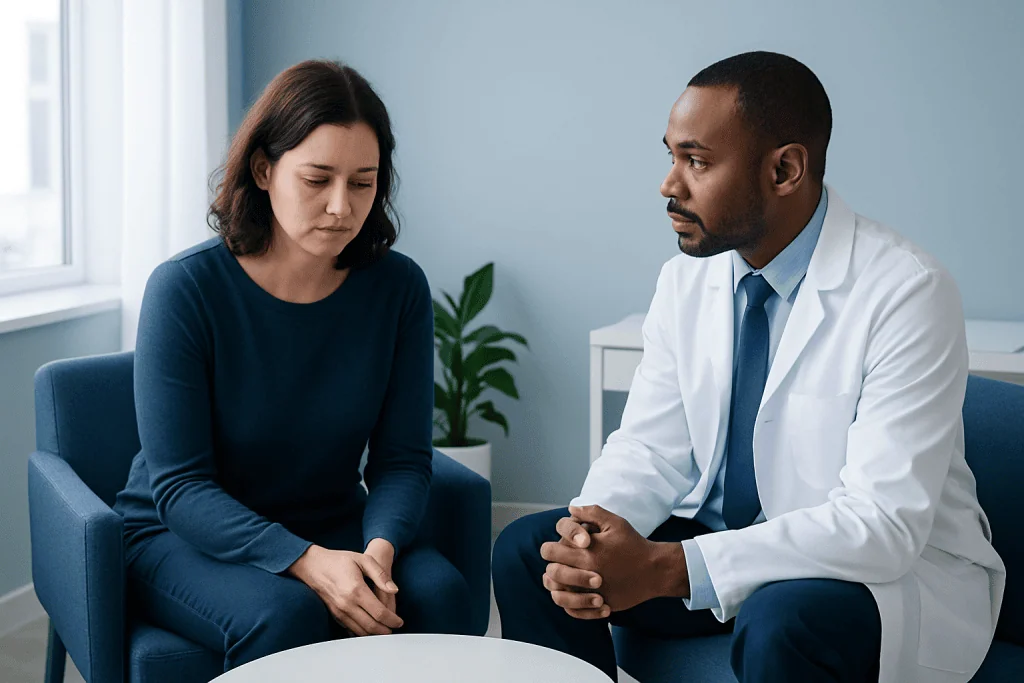 Therapist and patient discussing mental health in a counseling session.