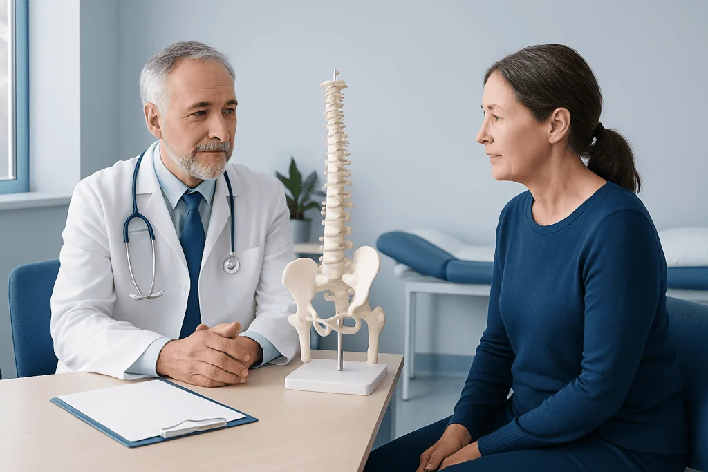 Doctor explaining osteoporosis to a patient with spine model in clinic.