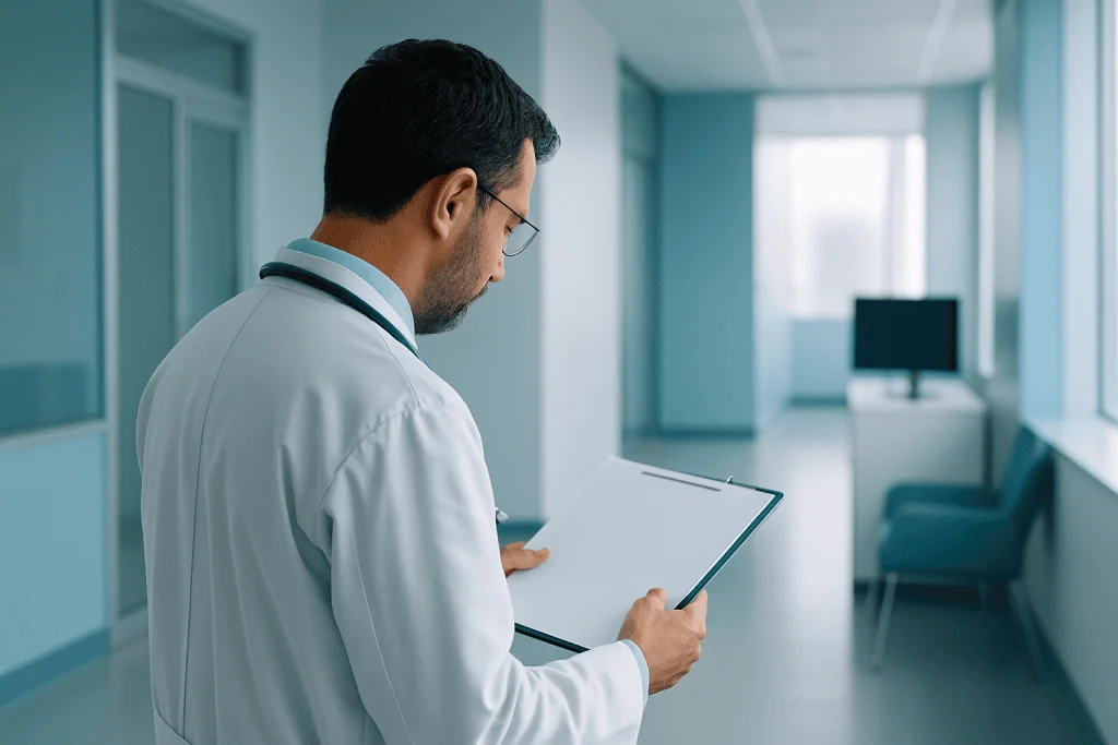 Endocrinology & Diabetes at Acibadem Hospital 1 Doctor reviewing patient data in a modern hospital corridor.