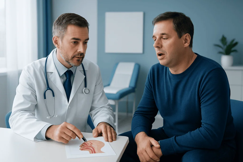 Doctor explaining throat issues to a patient in a medical consultation room.