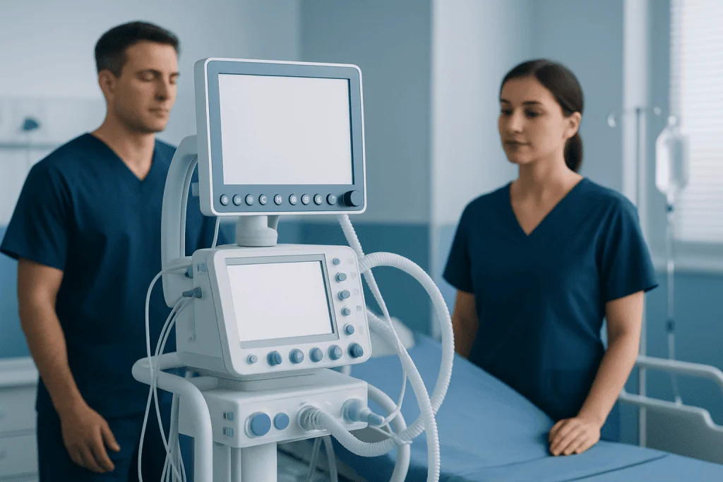 Medical professionals with ventilator in hospital room.