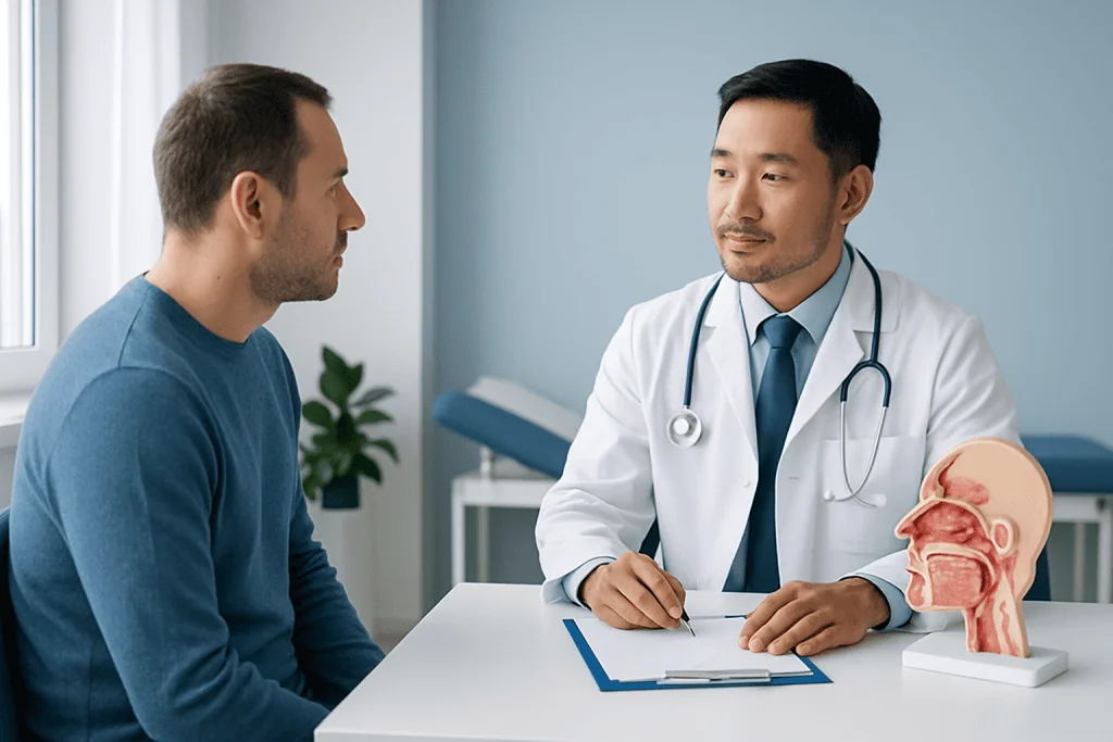 Doctor explaining sinus surgery options to patient in consultation room.