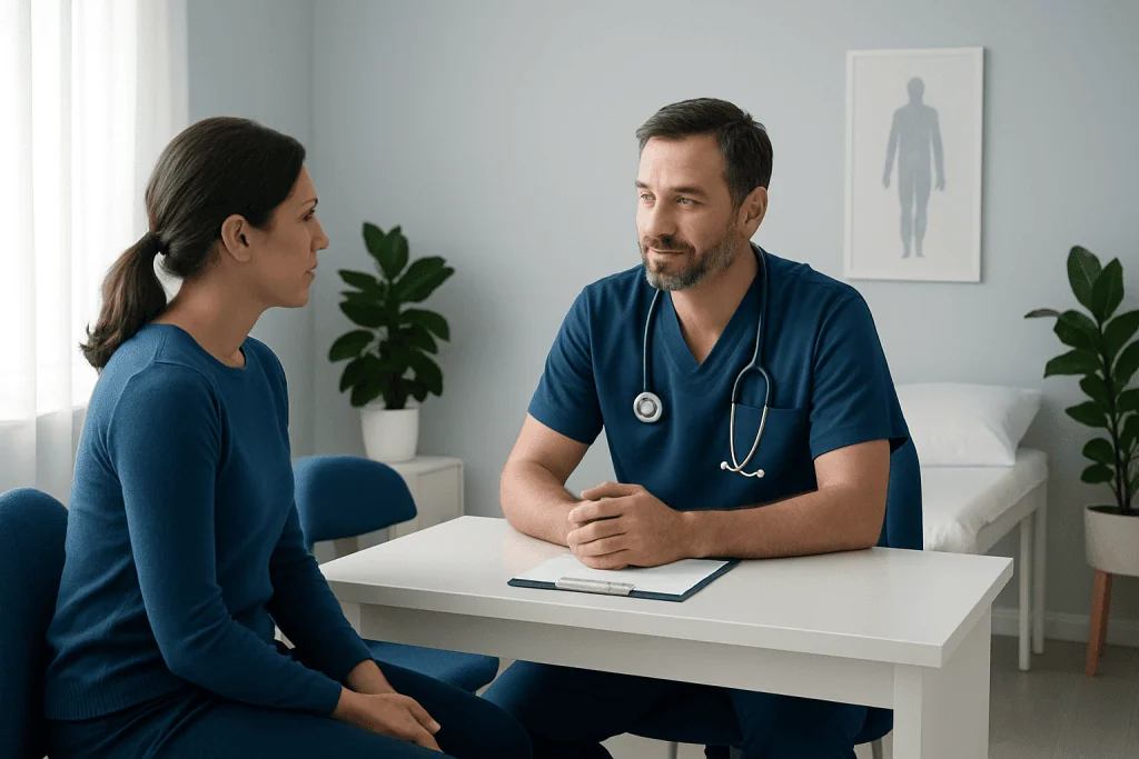Doctor consulting with a female patient in a modern clinic setting.