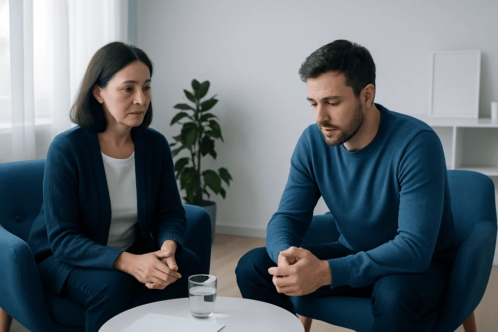 Therapist and patient in a counseling session discussing mental health.