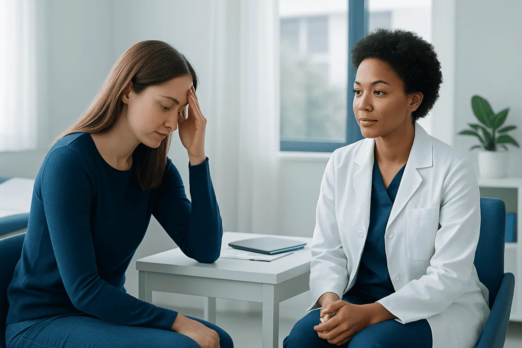 Woman consulting with doctor about health concerns in a medical office.