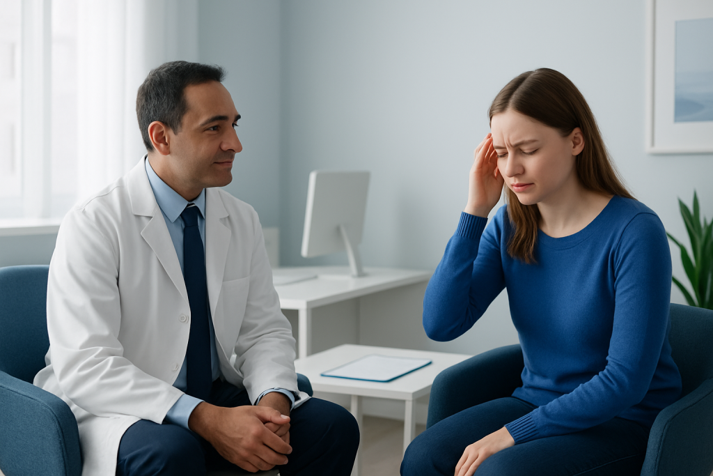 Doctor consulting with a young woman experiencing headache in a clinic.