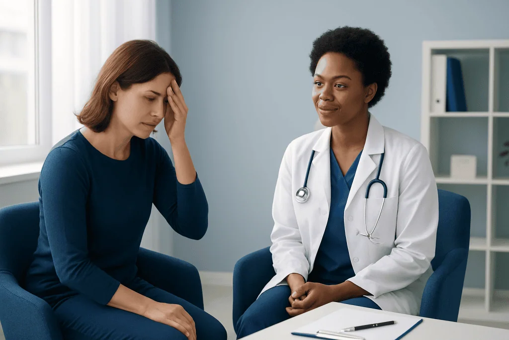Doctor consulting with a woman experiencing headache symptoms in a medical office.