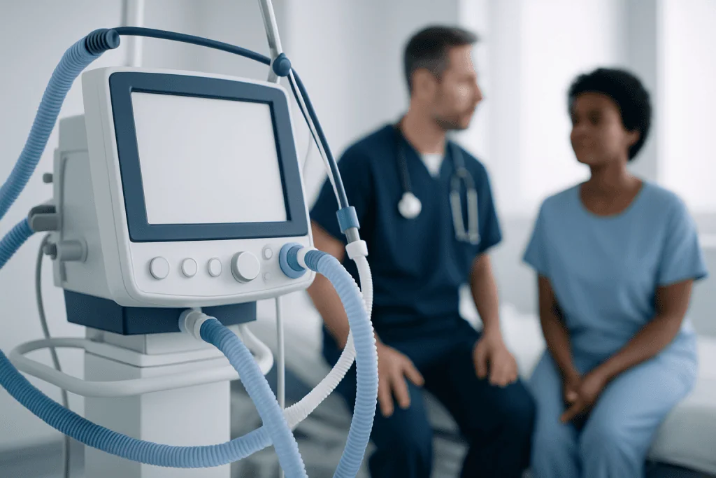 Medical ventilator machine in a hospital room with healthcare professionals.