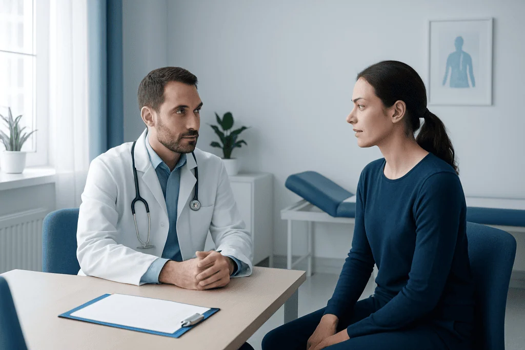 Doctor consulting with a female patient in a medical office.