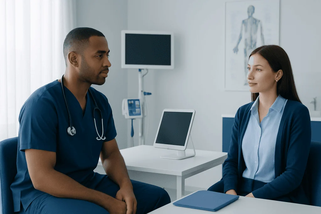 Doctor and patient in a modern hospital consultation room.