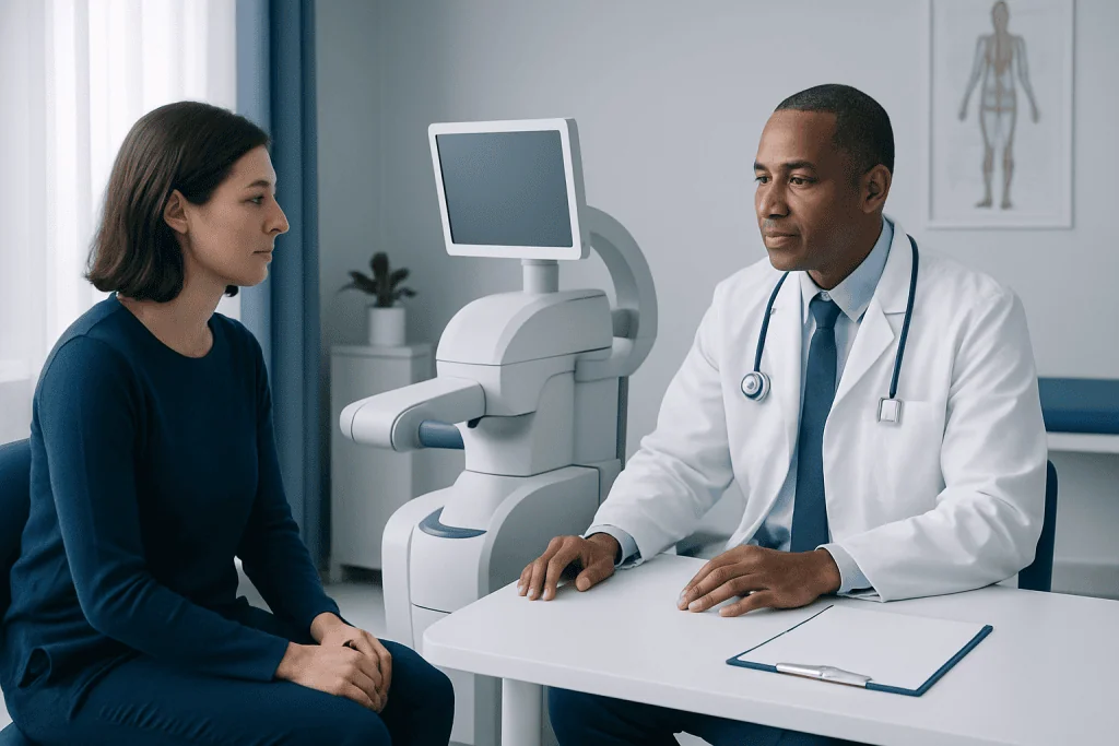 Doctor explaining medical technology to a patient in a hospital consultation room.