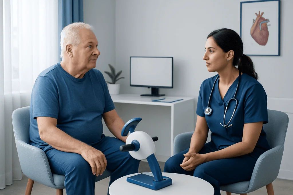 Doctor explaining cardiac prehabilitation to elderly patient in clinic.