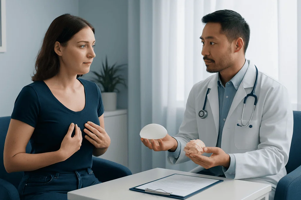 Doctor explaining breast augmentation options to a patient in consultation.
