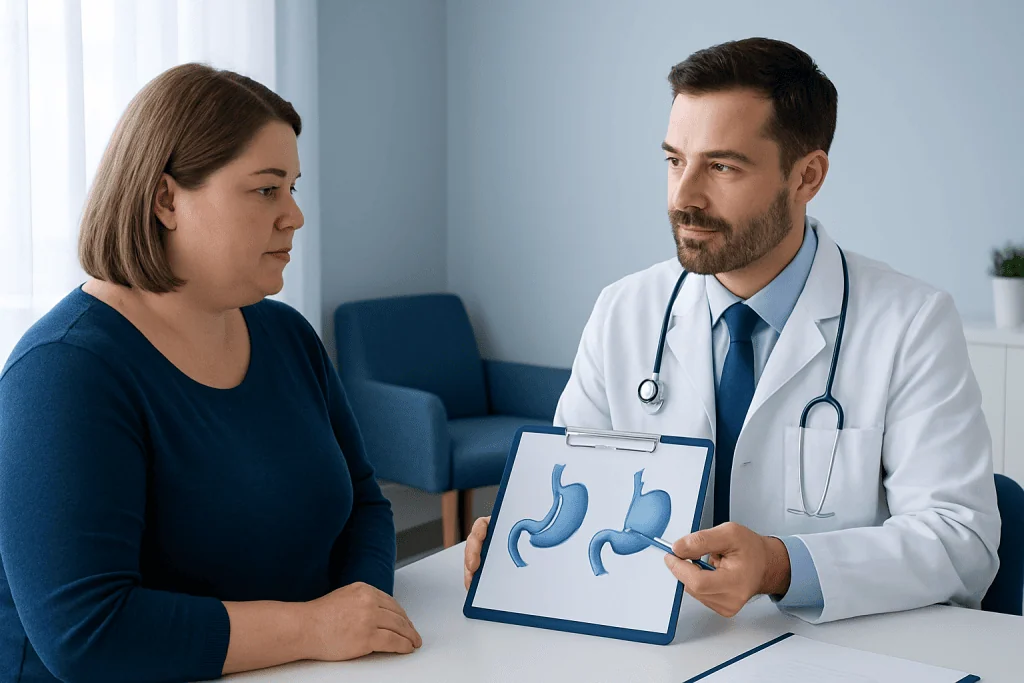 Doctor explaining gastric procedures to a patient with stomach diagrams.