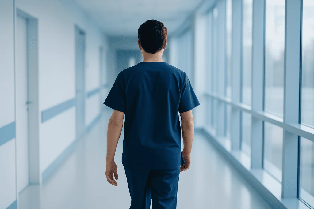 Extreme Exposure of Phones and Tablets 1 Healthcare professional walking down hospital corridor with large windows.