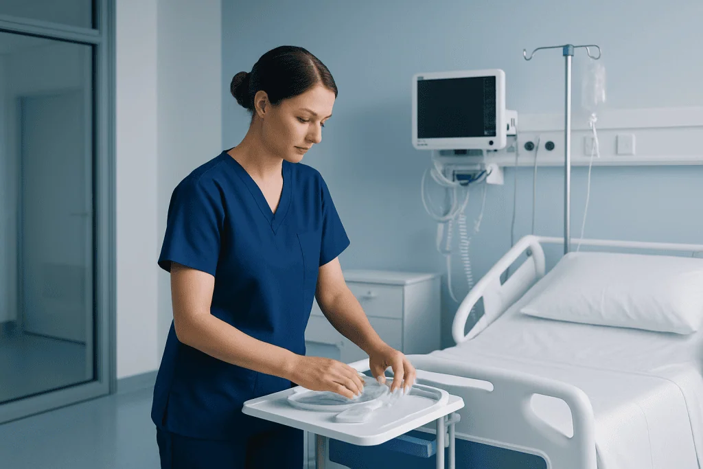 Eye Care / Ophthalmology at Acibadem Hospital 1 Nurse preparing medical supplies in a modern hospital room.