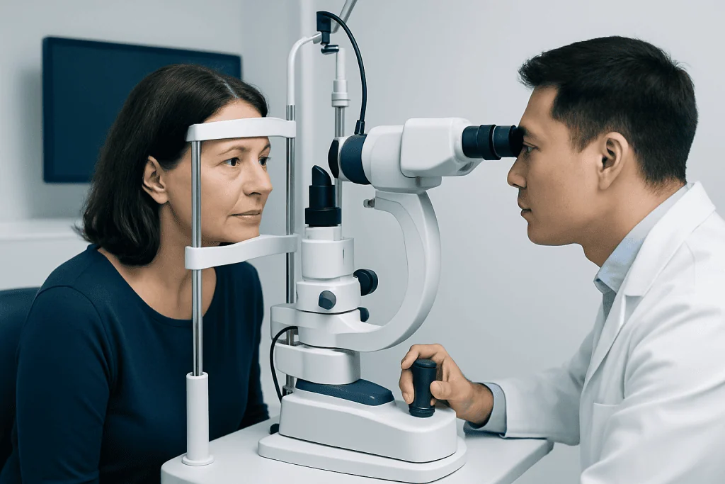 Eye examination using slit lamp at Acibadem Hospital for eye health assessment.
