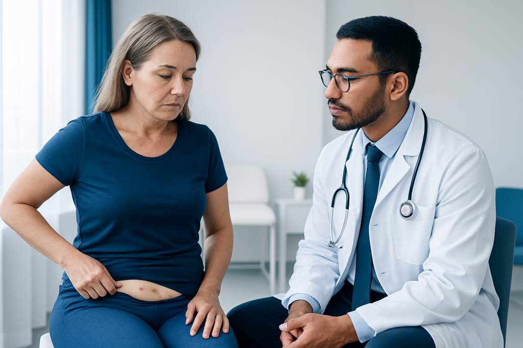Doctor examining a woman's abdomen after hip surgery in a clinical setting.