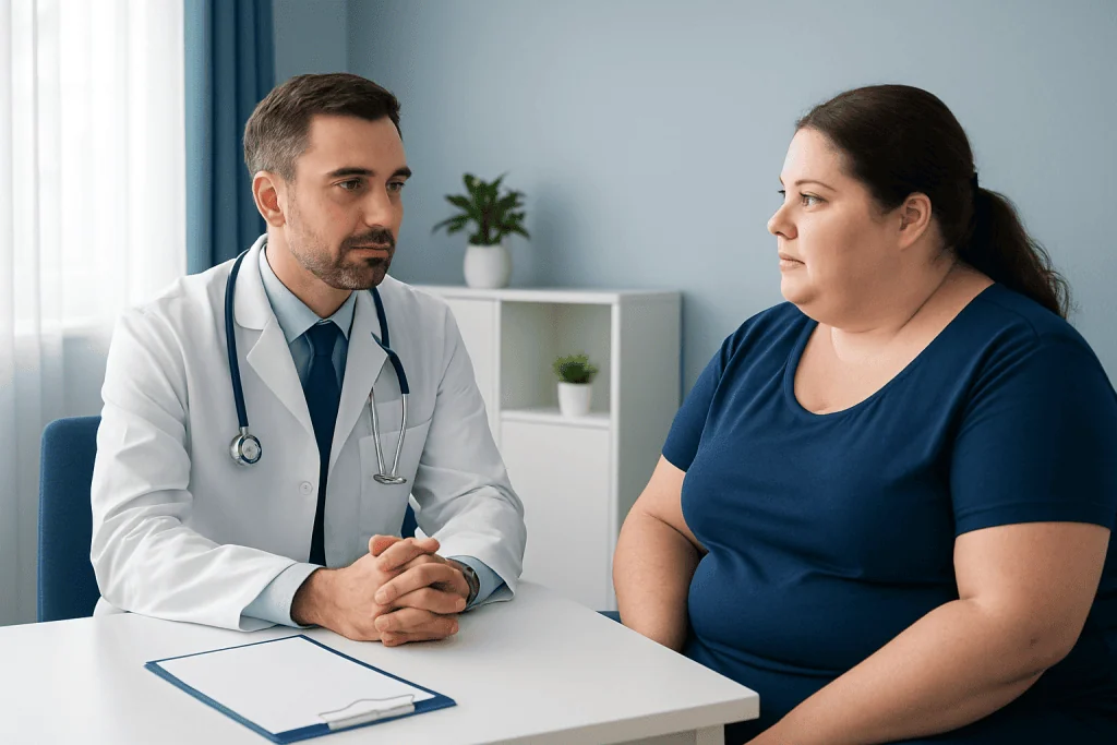 Doctor consulting with a patient about bariatric surgery options at Acibadem Hospital.