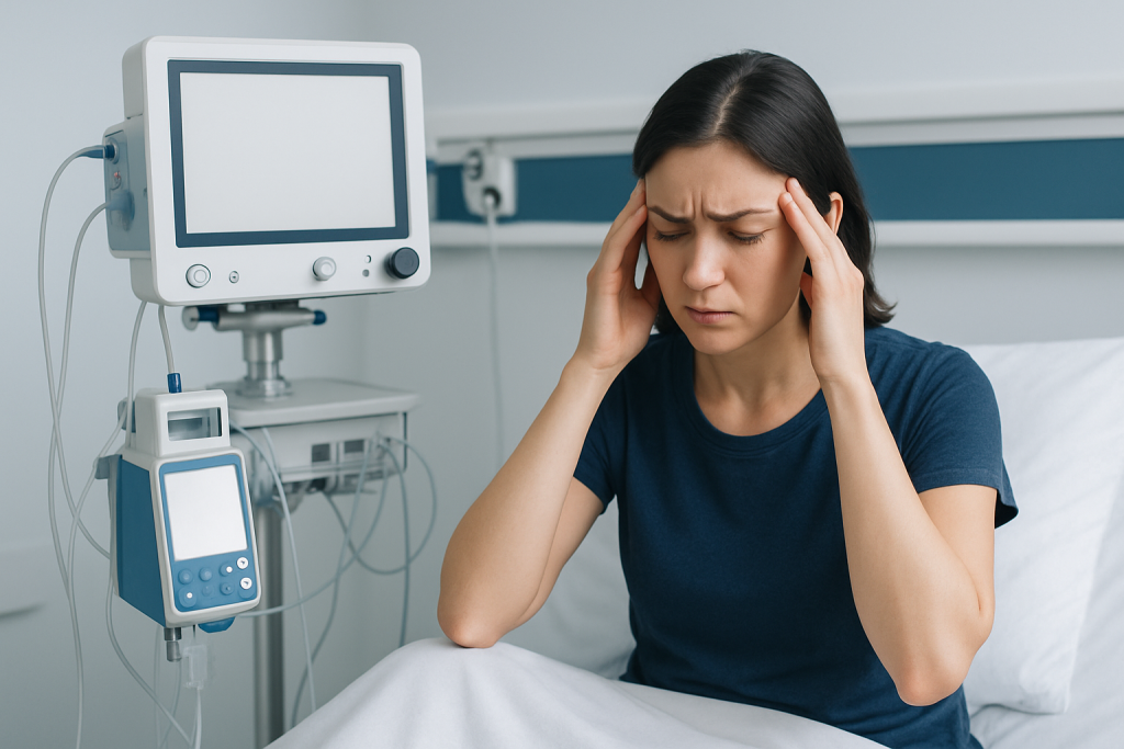 Woman with headache in hospital room with medical monitors.