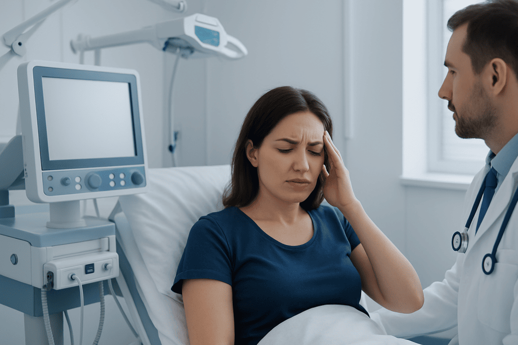Woman with headache consulting doctor in hospital room.