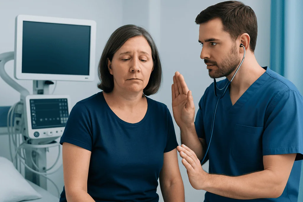 Doctor examining a woman showing stroke symptoms in hospital.