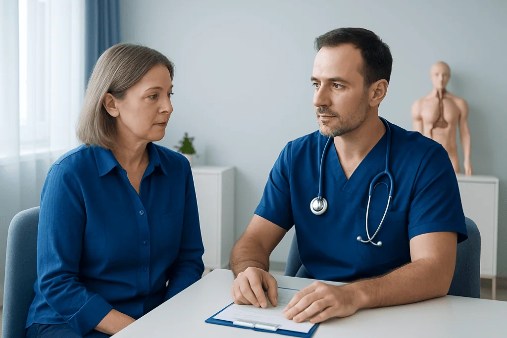 Doctor consulting with a female patient in a medical office.