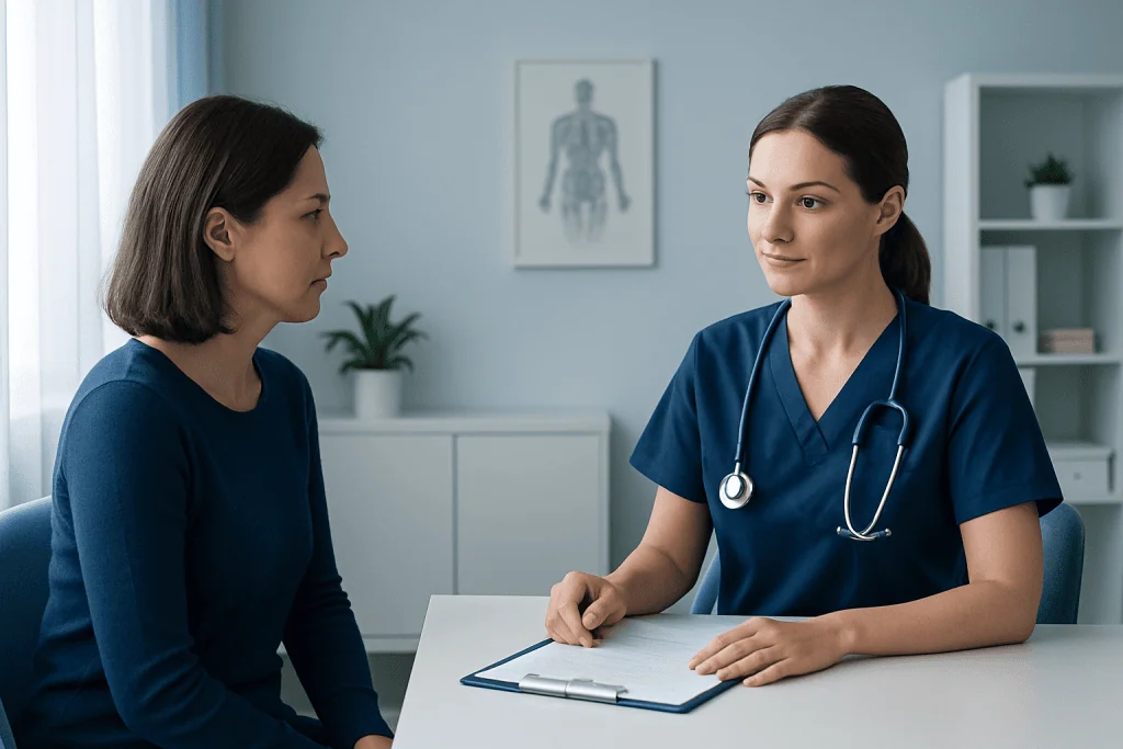 Doctor consulting patient in a medical office with anatomy chart in background.