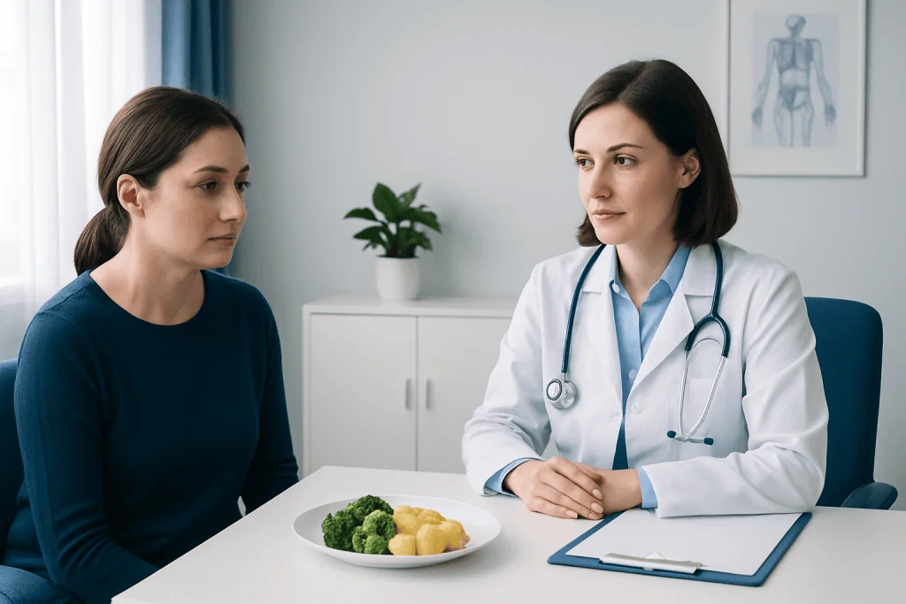 Doctor consulting with patient about nutrition and recovery in a medical office.