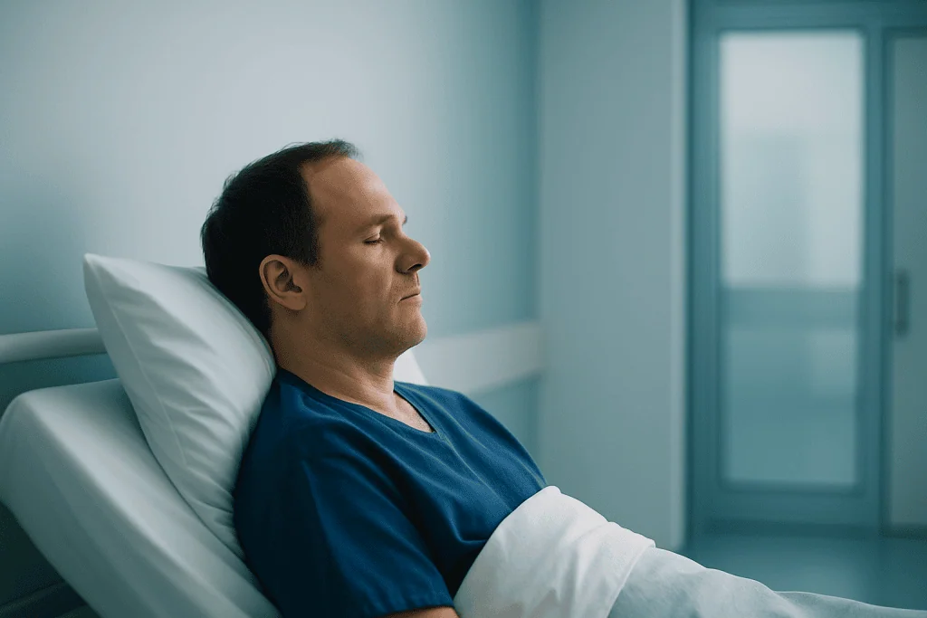 Fat Transfer Breast Augmentation Guide for Natural Results 1 Patient resting in hospital bed after breast augmentation procedure at Acibadem Hospitals.