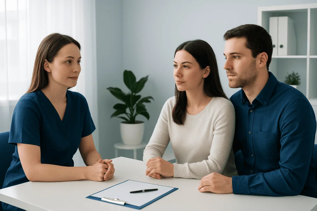 Fertility consultation with a doctor and couple at clinic.