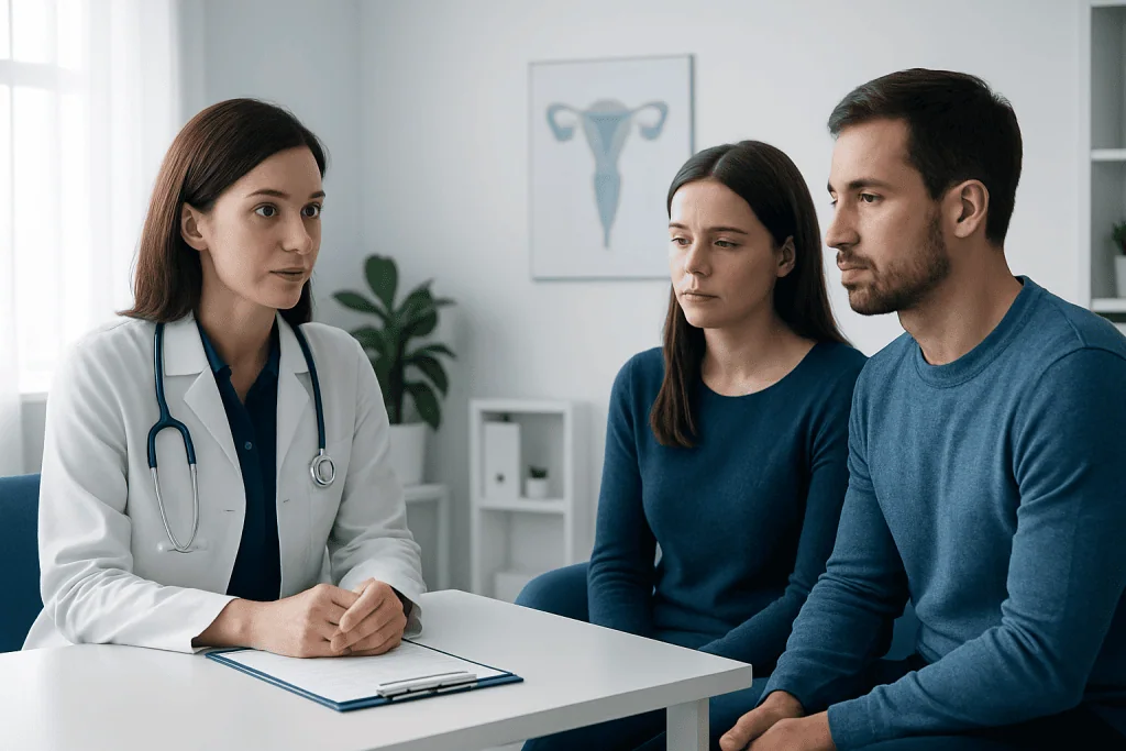 Doctor consulting with a couple about fertility issues at Acibadem Hospitals.