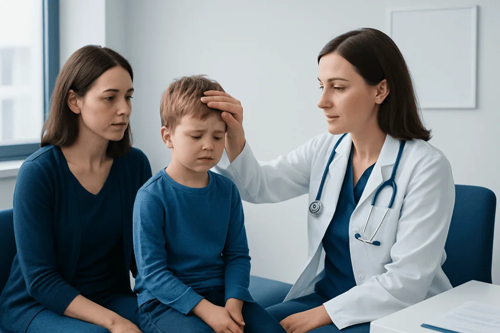 Doctor examining a child's forehead during a medical consultation.