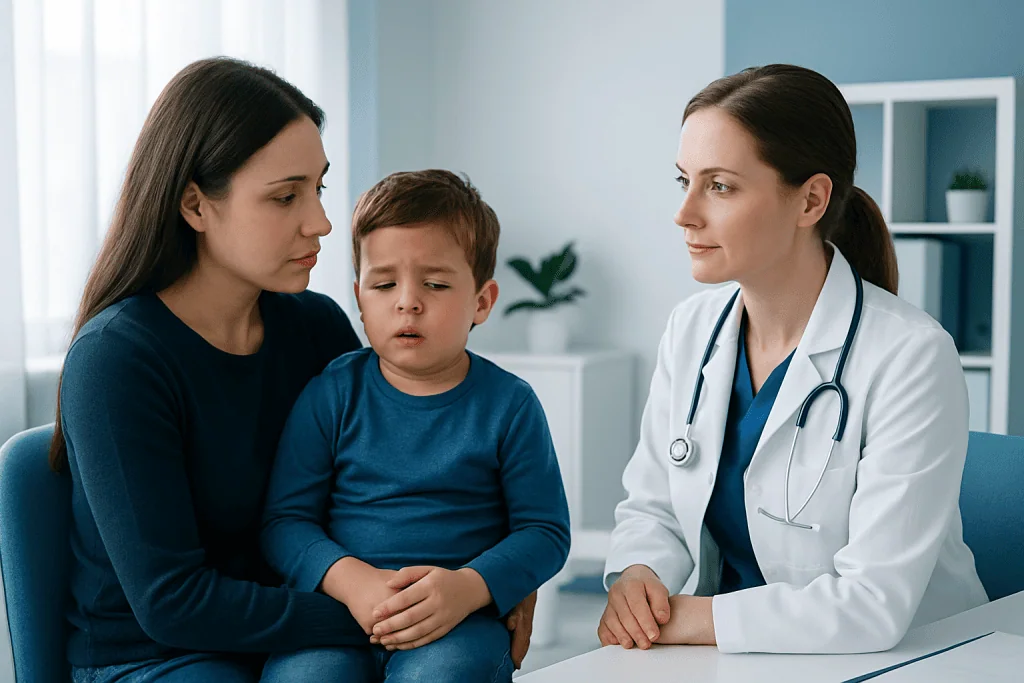 Pediatrician examining a young boy with his mother in a clinic setting.