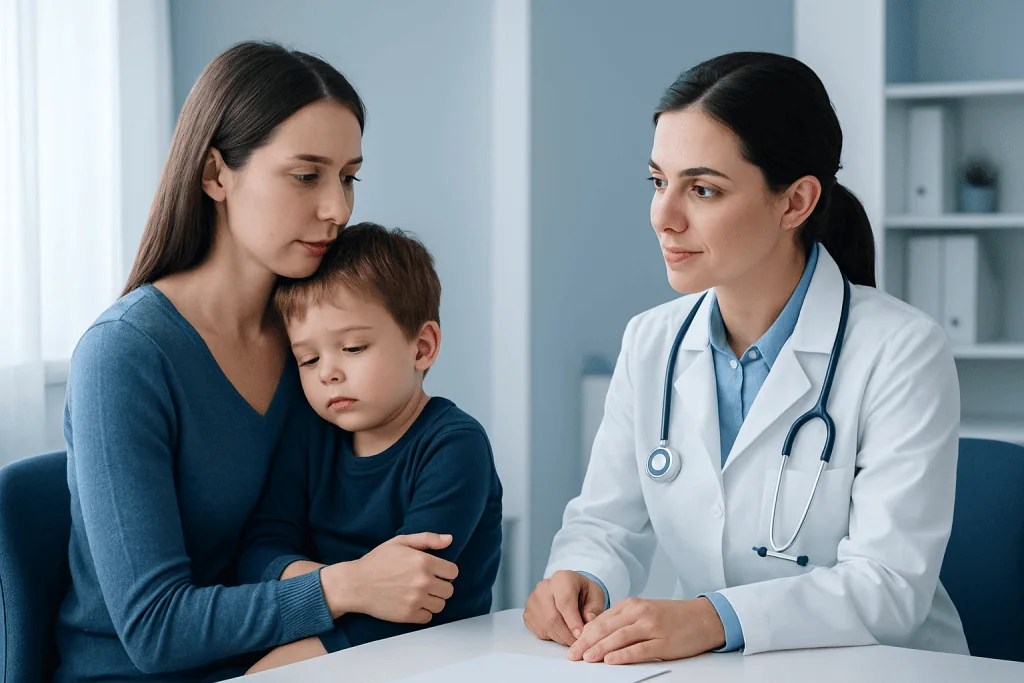 Pediatrician consulting with mother and child in a medical office.