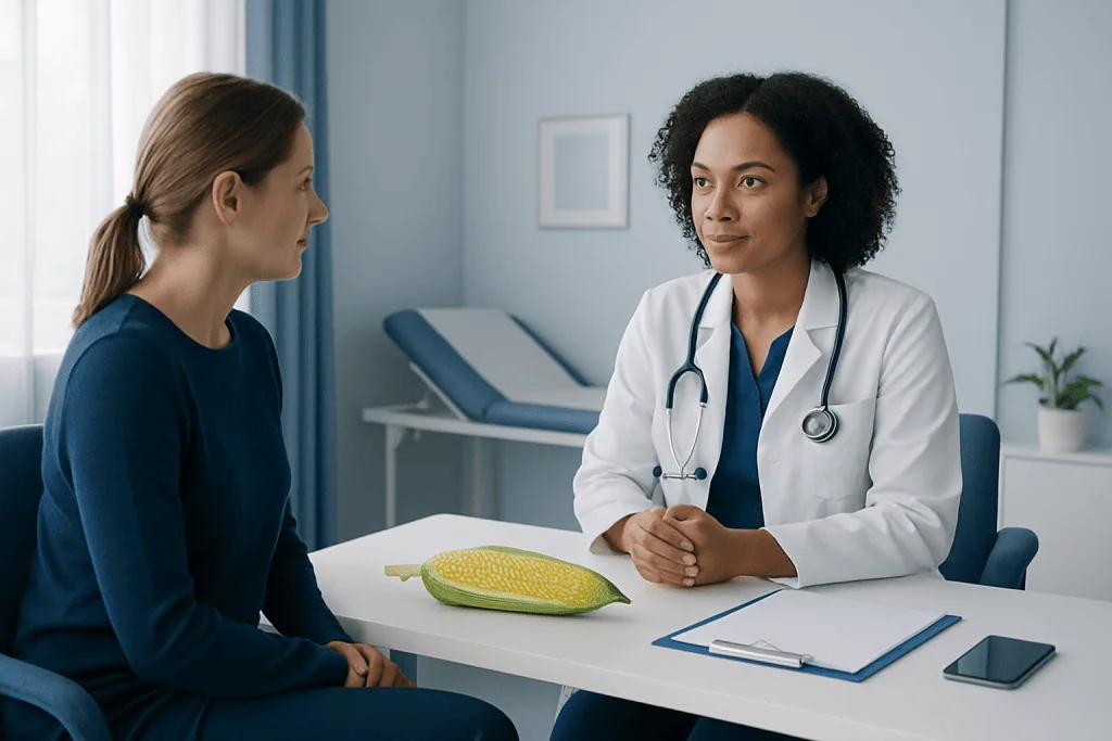Doctor consulting with patient in a modern hospital room.