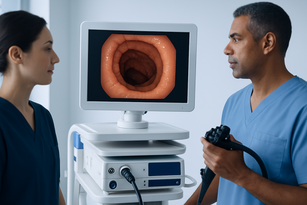 Medical professionals examining a colonoscopy image on a monitor.