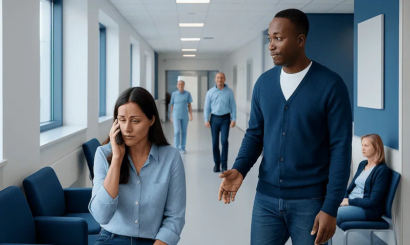Patient on phone in hospital corridor with staff and visitors nearby.