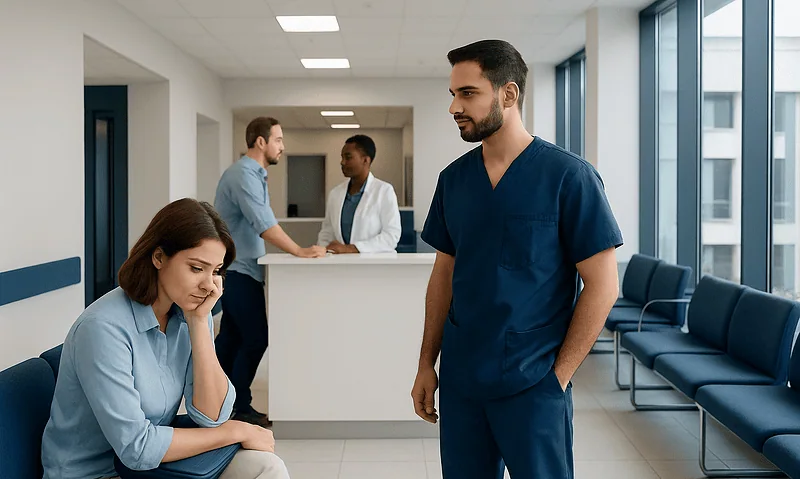 Medical staff and patient in hospital waiting area in Turkey.