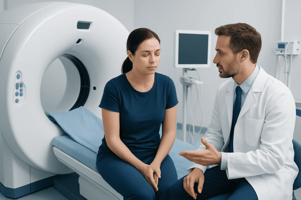 Doctor explaining to patient in front of MRI machine at Acibadem Hospital.