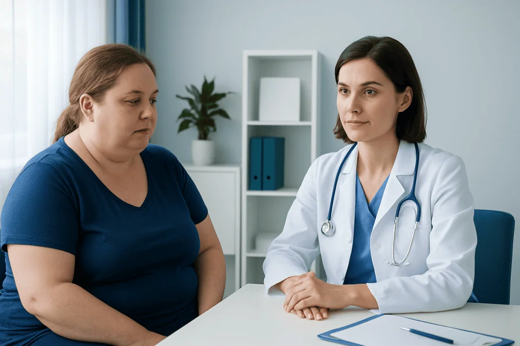 Doctor consulting with a patient about weight loss and recovery.