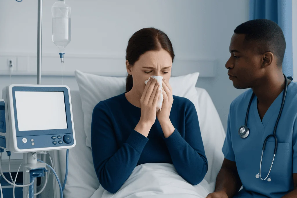 Patient with flu symptoms in hospital bed with doctor nearby.