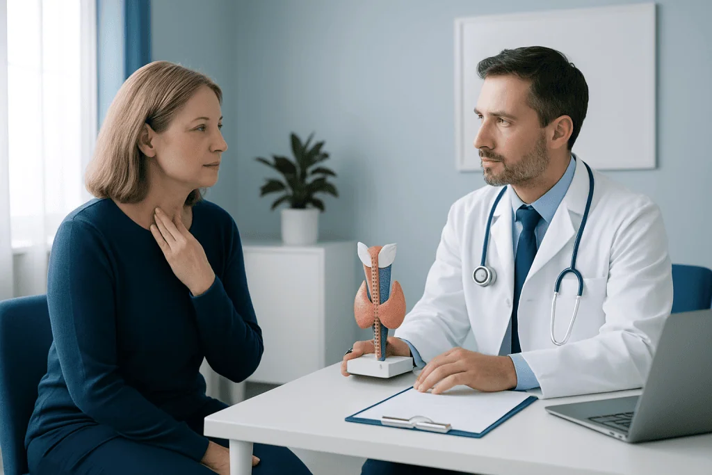 Doctor explaining thyroid health to a patient with a model of the thyroid gland.