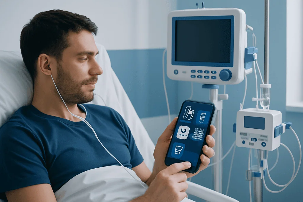 Patient in hospital bed using a mobile device with medical monitors nearby.