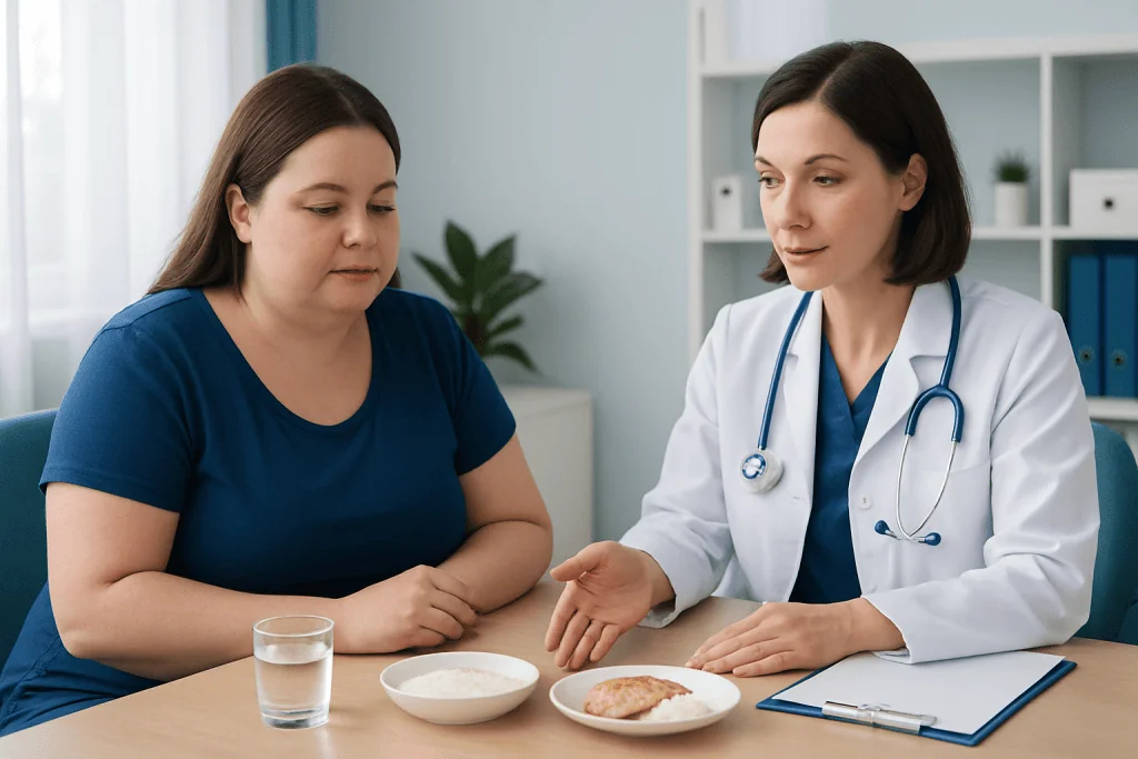 Doctor explaining dietary advice to a patient after gastric sleeve surgery.