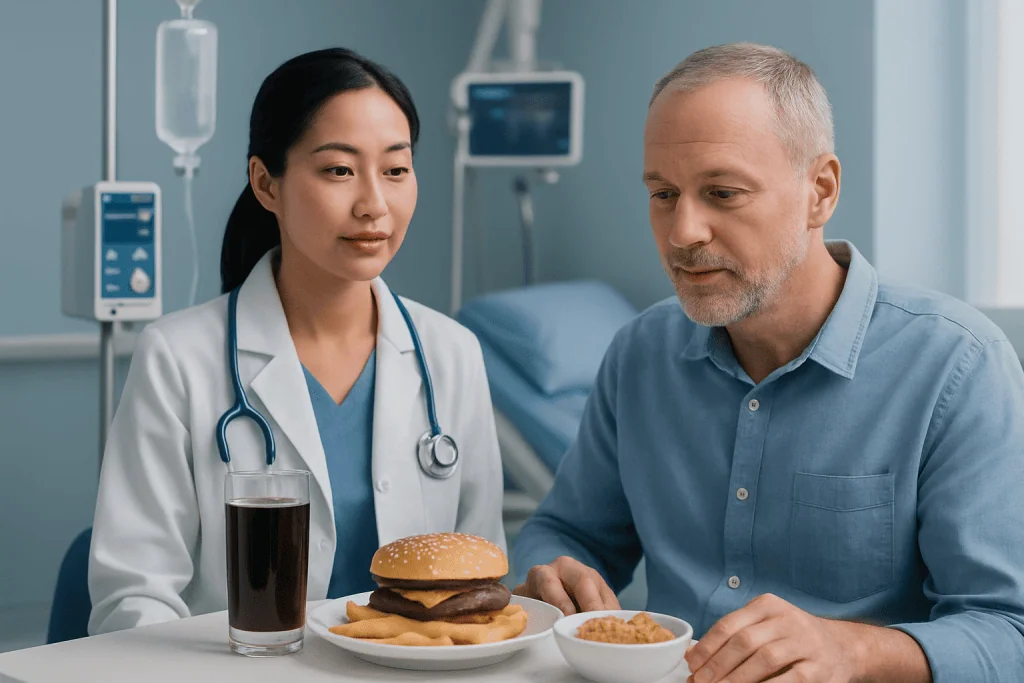 Doctor and patient discussing diet in hospital room with food and medical equipment.