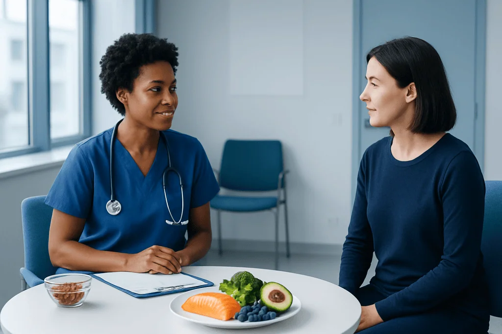 Doctor consulting with patient about anti-inflammatory diet and healthy foods.