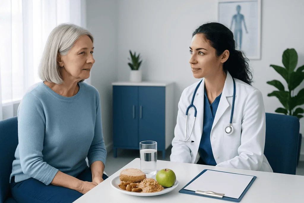 Doctor consulting with an elderly woman in a medical office.