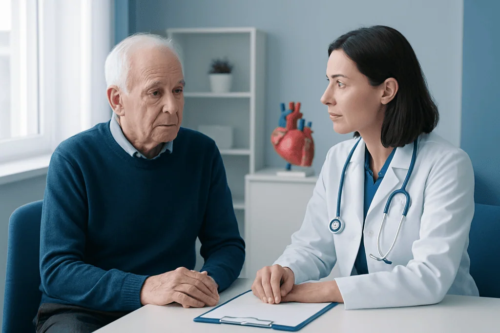 Doctor consulting with an elderly patient about heart health in a medical office.