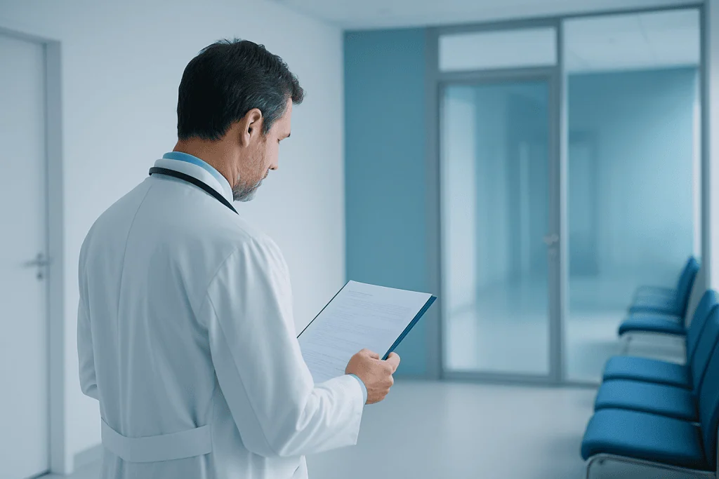 Frenum (Frenulum in Mouth) 1 Doctor reviewing patient records in a hospital corridor.